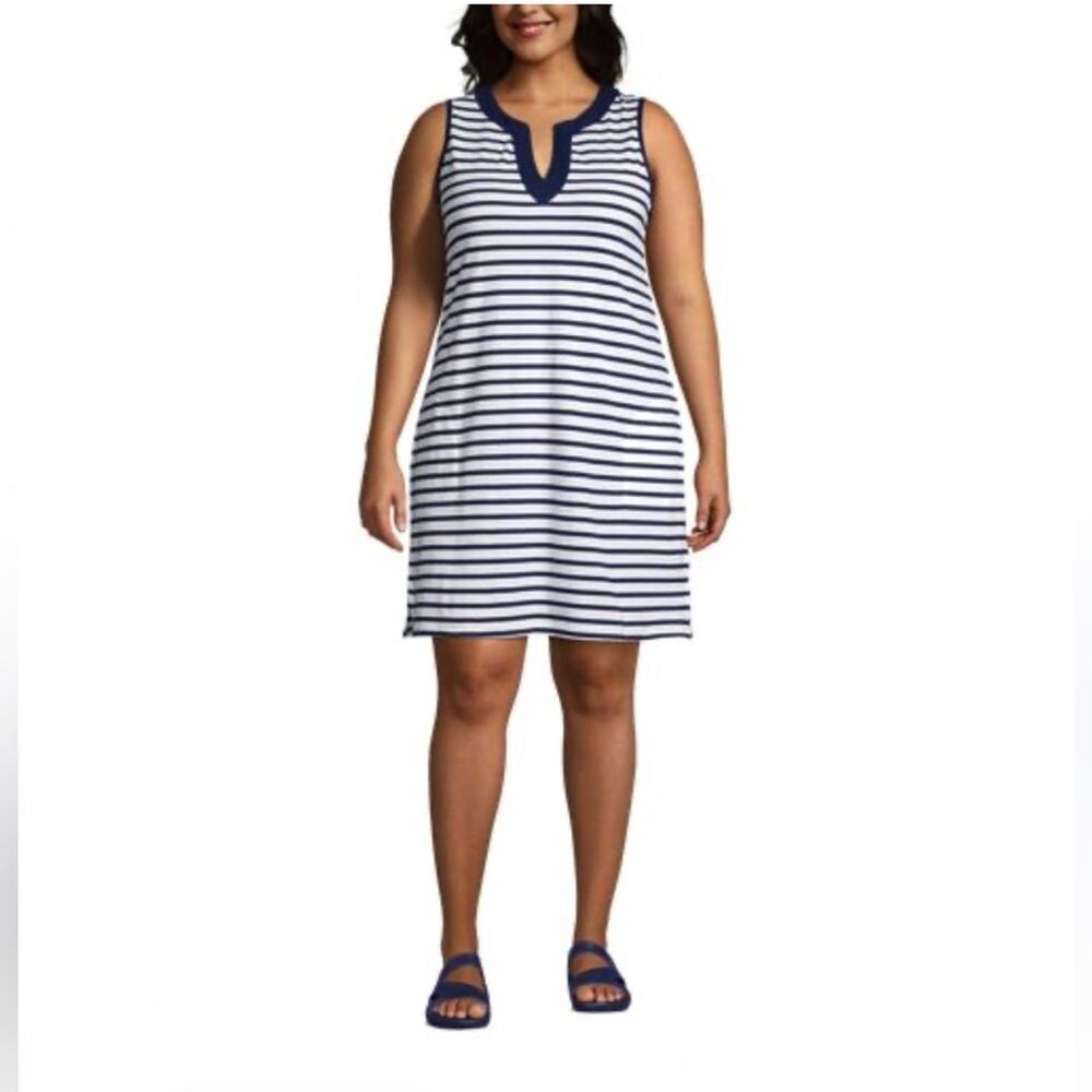 Lands' End Womens Sleeveless Cotton Striped Shift Dress nautical pockets costal